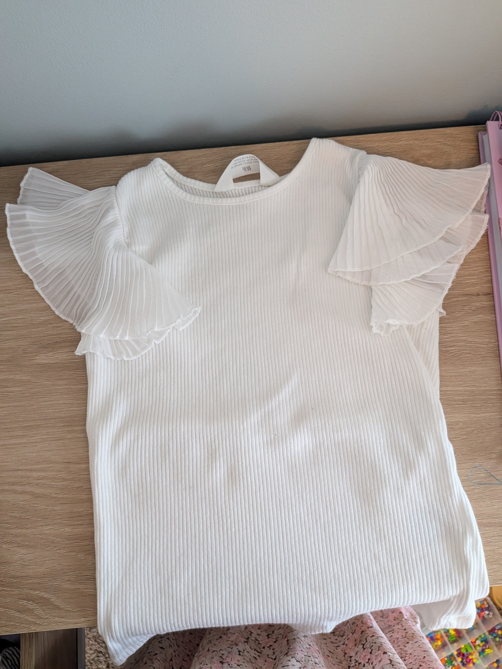 H&M White Ribbed Top with Pleated Flutter Sleeves